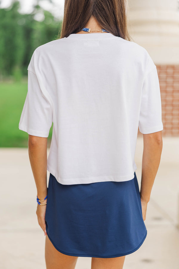 Here To Win White & Blue Eagles Script Tee