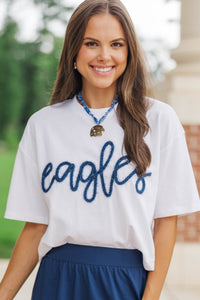 Here To Win White & Blue Eagles Script Tee
