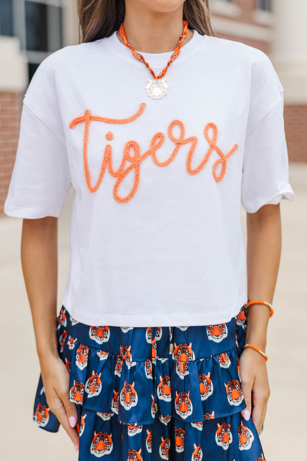 Here To Win White & Orange Tigers Script Tee