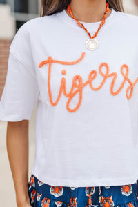 Here To Win White & Orange Tigers Script Tee