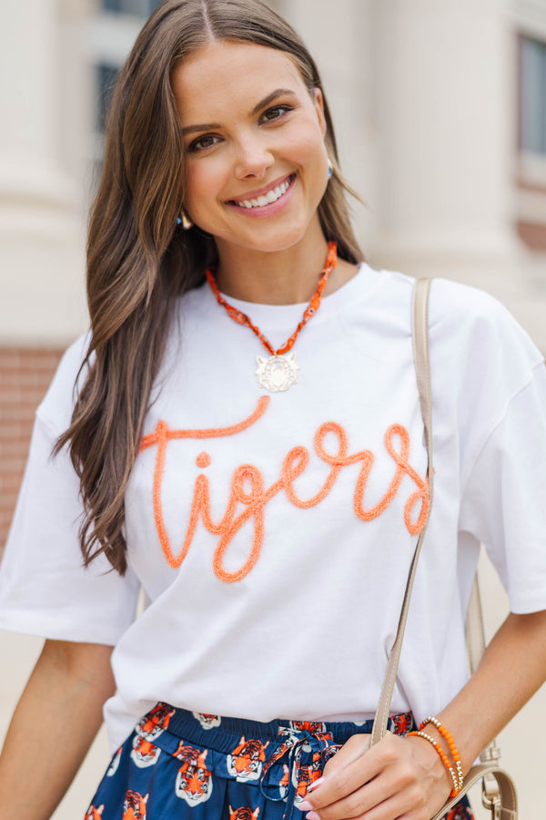 Here To Win White & Orange Tigers Script Tee