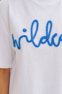Here To Win White & Blue Wildcats Script Tee