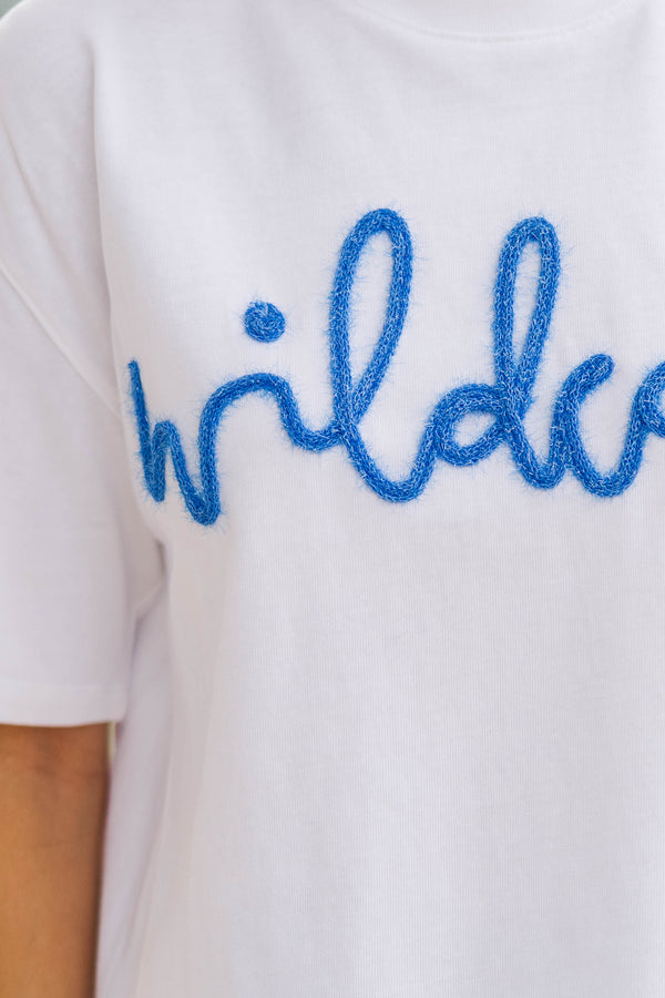 Here To Win White & Blue Wildcats Script Tee