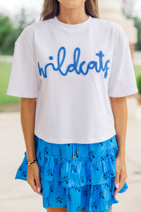 Here To Win White & Blue Wildcats Script Tee