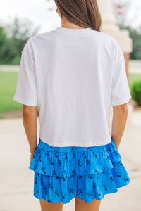 Here To Win White & Blue Wildcats Script Tee