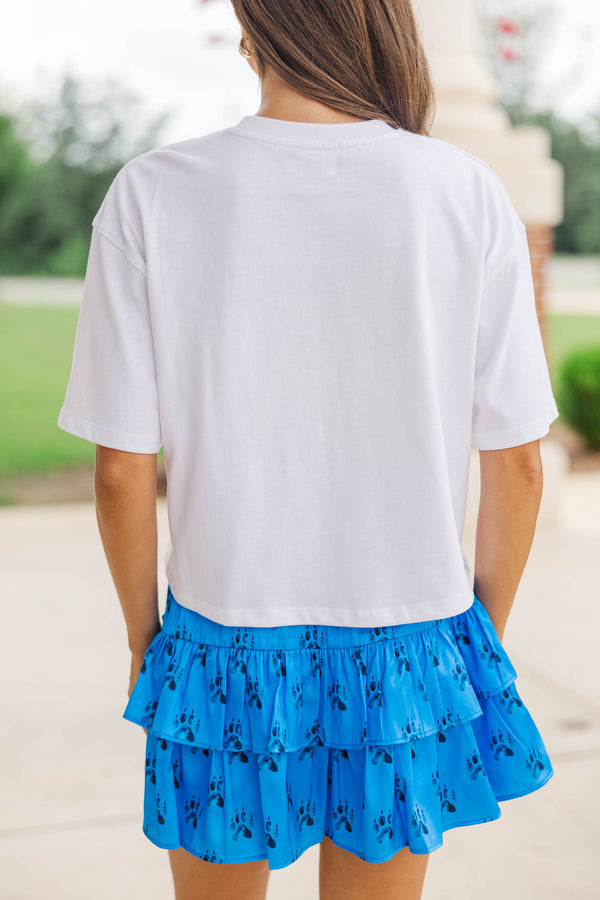 Here To Win White & Blue Wildcats Script Tee