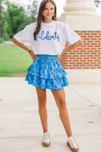 Here To Win White & Blue Wildcats Script Tee
