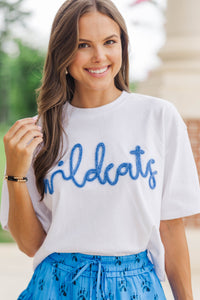 Here To Win White & Blue Wildcats Script Tee