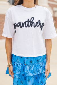 Here To Win White & Black Panthers Script Tee
