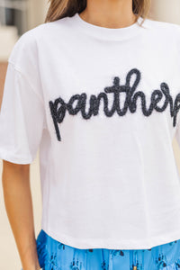 Here To Win White & Black Panthers Script Tee