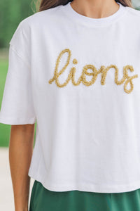 Here To Win White & Gold Lions Script Tee