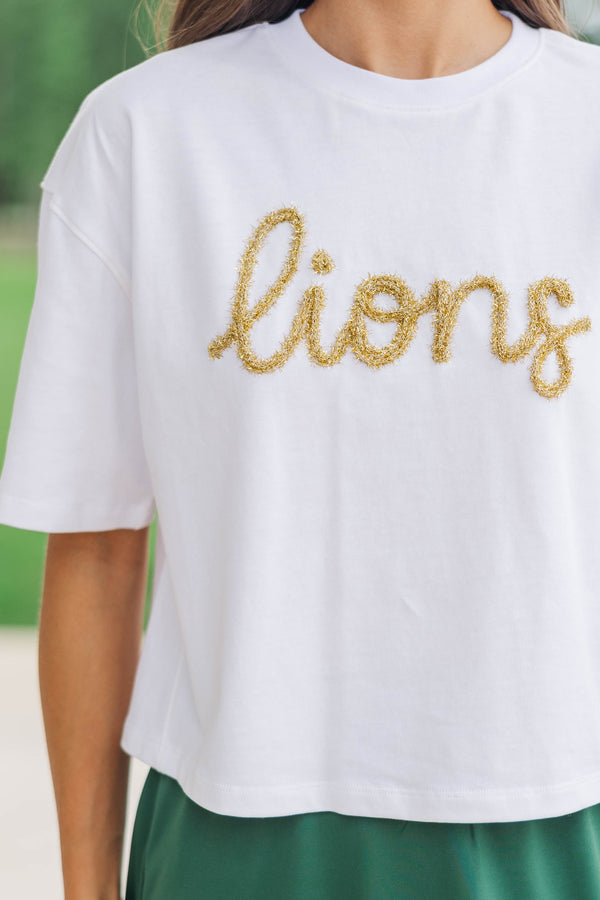 Here To Win White & Gold Lions Script Tee