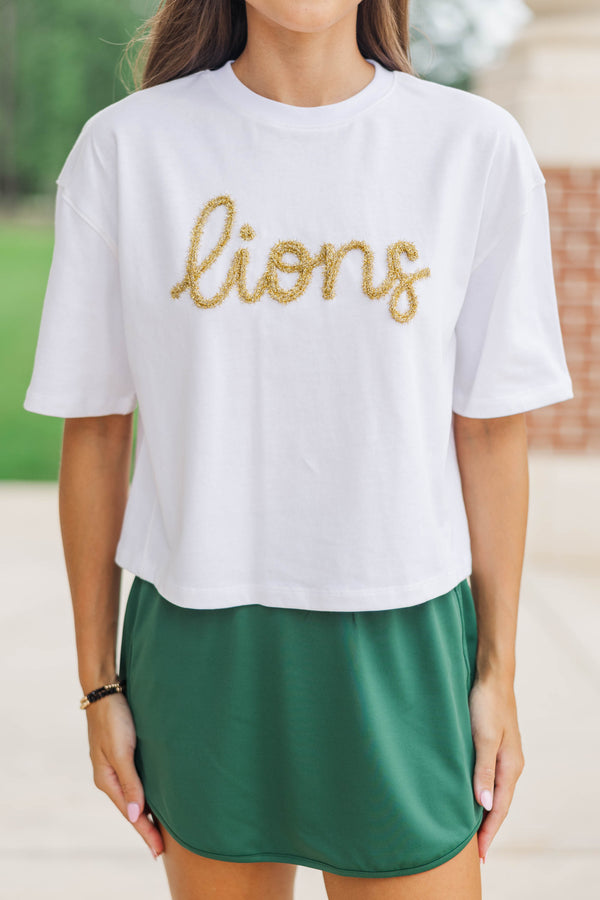 Here To Win White & Gold Lions Script Tee