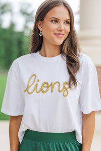 Here To Win White & Gold Lions Script Tee