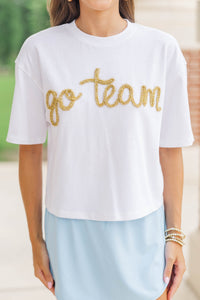 Here To Win White & Gold Go Team Script Tee