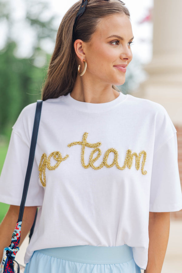 Here To Win White & Gold Go Team Script Tee