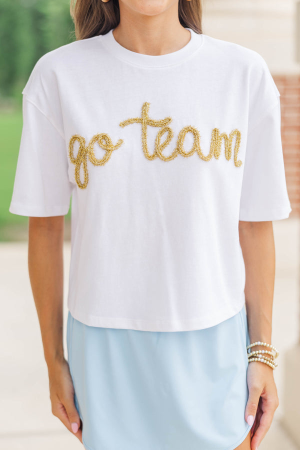 Here To Win White & Gold Go Team Script Tee