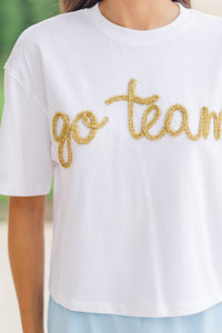 Here To Win White & Gold Go Team Script Tee