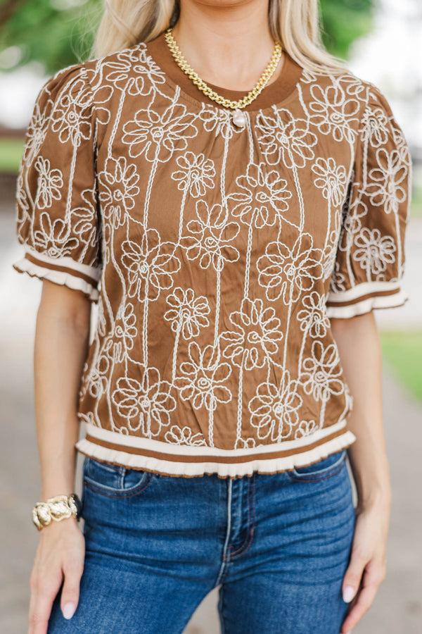 Isn't It Neat Brown Embroidered Blouse