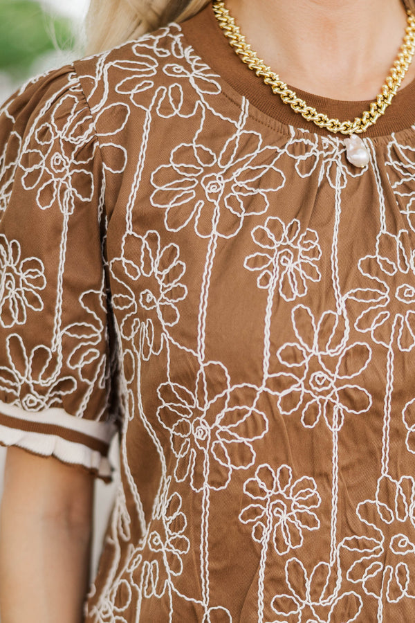 Isn't It Neat Brown Embroidered Blouse