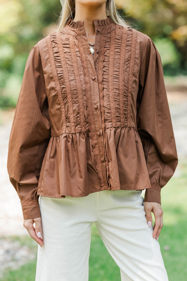 Lovely Little Moment Brown Ruffle Blouse
