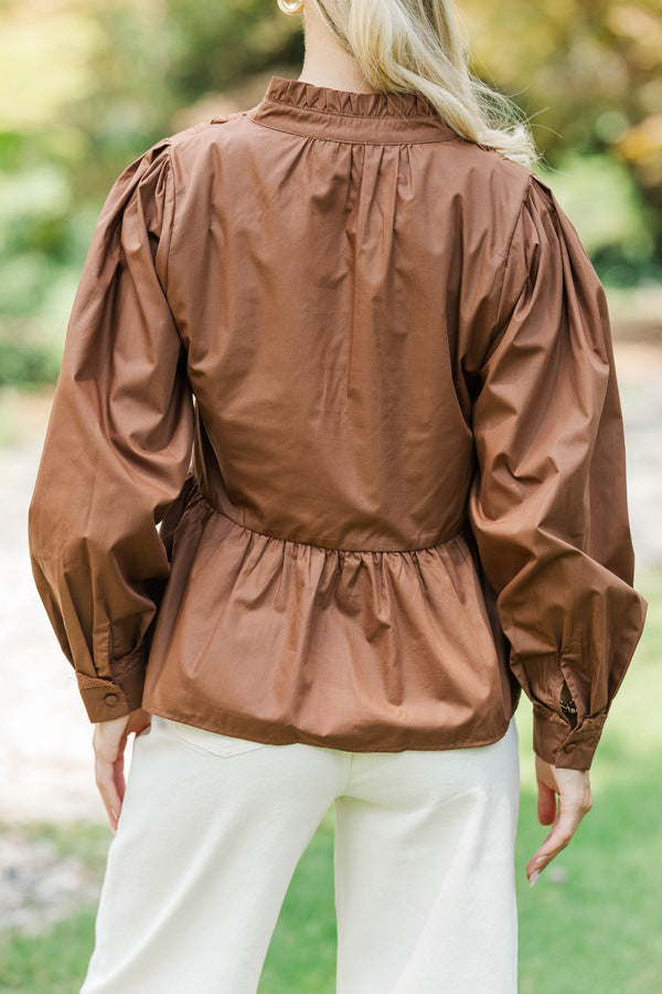 Lovely Little Moment Brown Ruffle Blouse