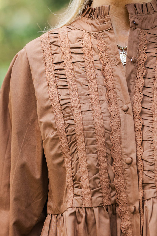 Lovely Little Moment Brown Ruffle Blouse