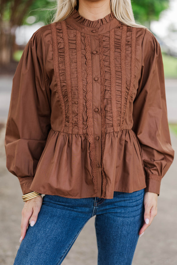 Lovely Little Moment Brown Ruffle Blouse