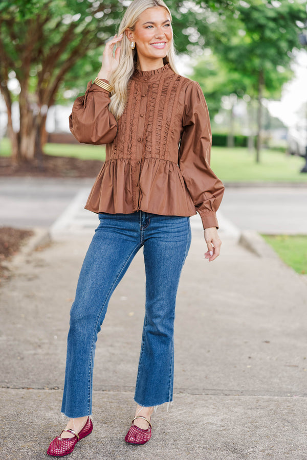Lovely Little Moment Brown Ruffle Blouse