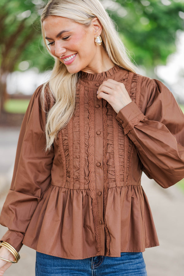 Lovely Little Moment Brown Ruffle Blouse