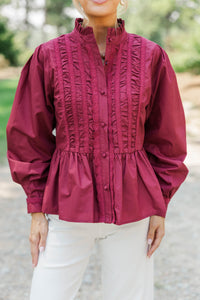 Lovely Little Moment Burgundy Ruffle Blouse