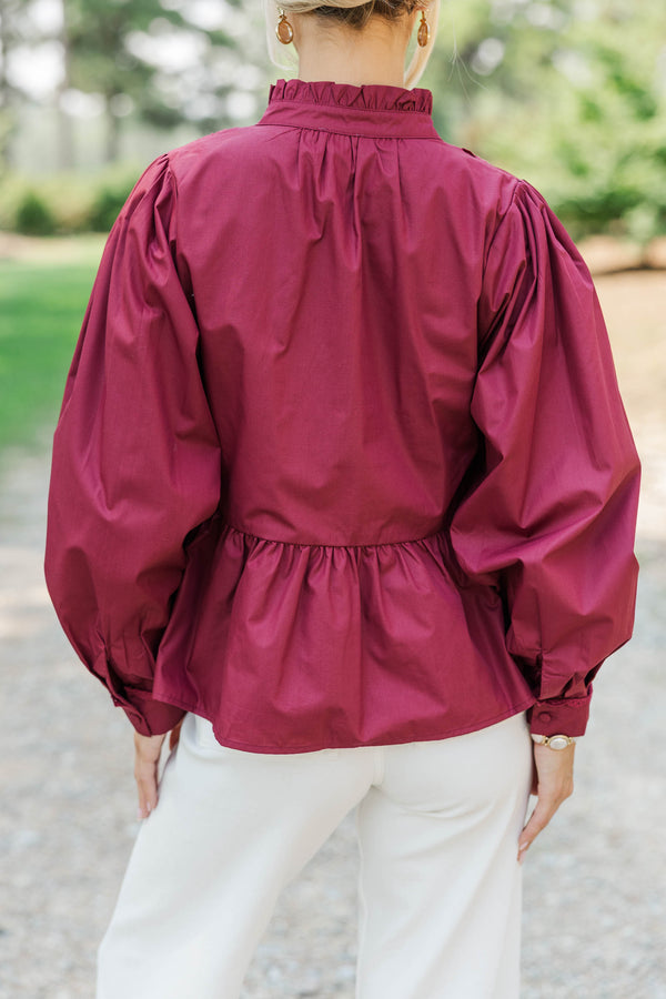 Lovely Little Moment Burgundy Ruffle Blouse
