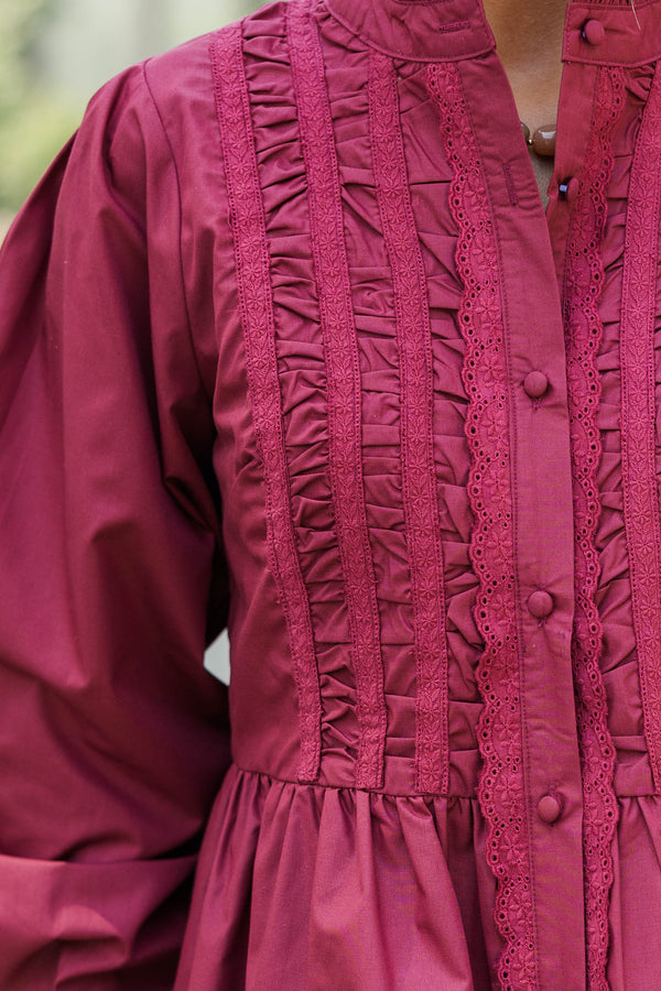 Lovely Little Moment Burgundy Ruffle Blouse