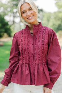 Lovely Little Moment Burgundy Ruffle Blouse