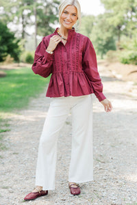 Lovely Little Moment Burgundy Ruffle Blouse