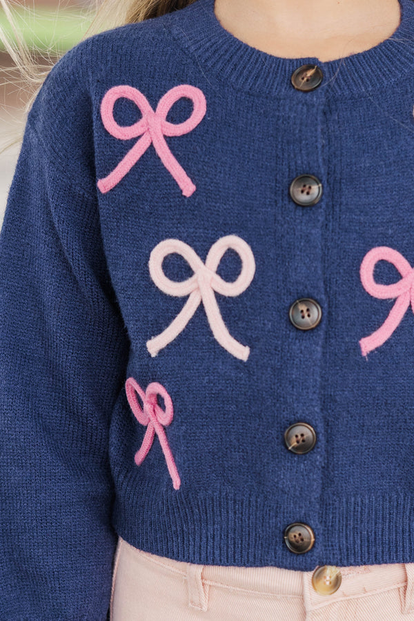 Girls: The Alyson Navy Bow Cardigan