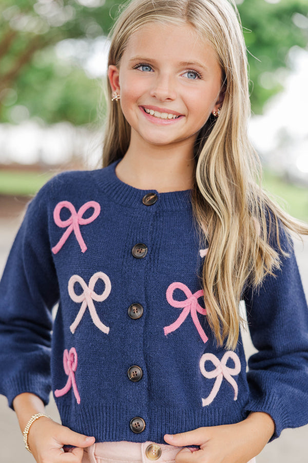 Girls: The Alyson Navy Bow Cardigan