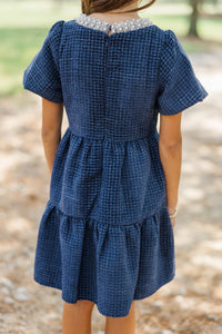 Girls: Cherished Moments Navy Tweed Babydoll Dress