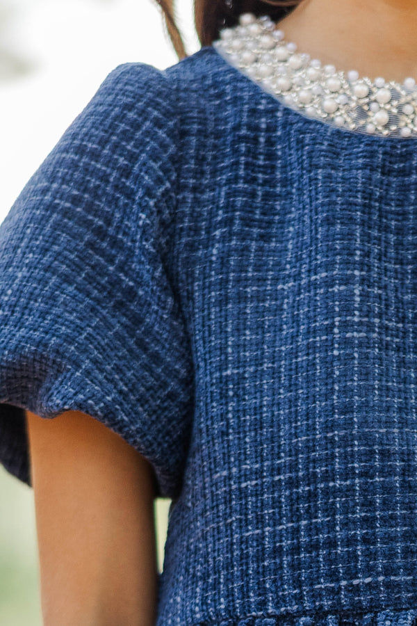 Girls: Cherished Moments Navy Tweed Babydoll Dress