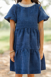 Girls: Cherished Moments Navy Tweed Babydoll Dress