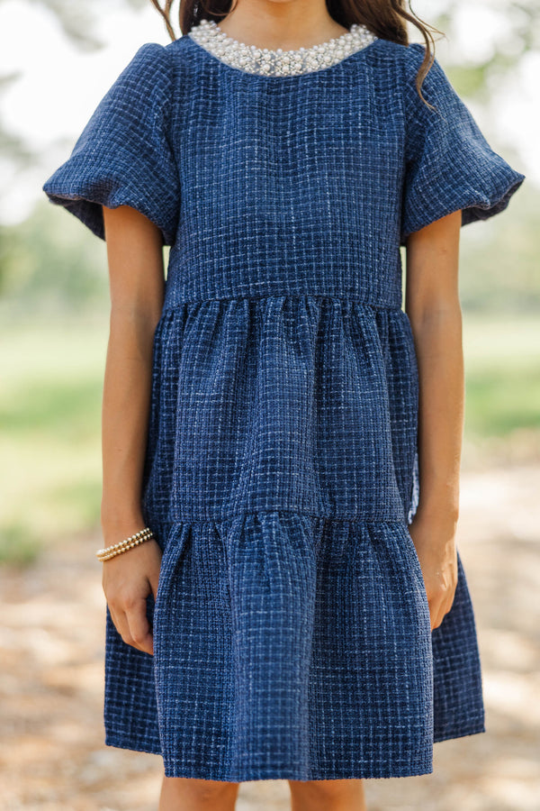 Girls: Cherished Moments Navy Tweed Babydoll Dress