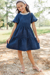 Girls: Cherished Moments Navy Tweed Babydoll Dress