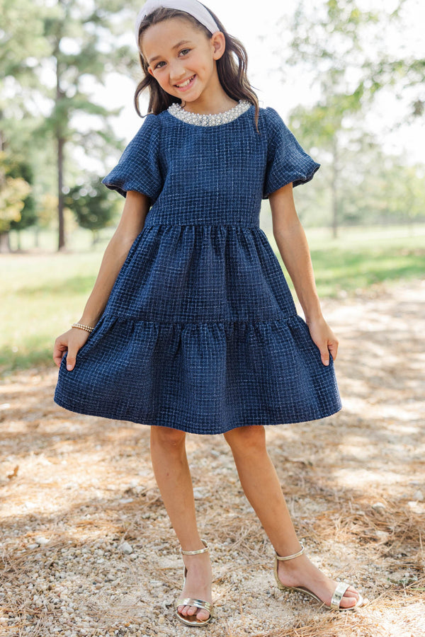 Girls: Cherished Moments Navy Tweed Babydoll Dress