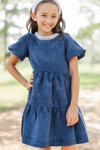 Girls: Cherished Moments Navy Tweed Babydoll Dress
