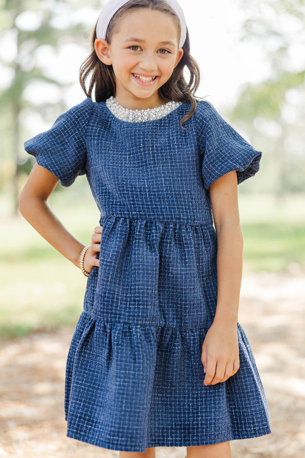 Girls: Cherished Moments Navy Tweed Babydoll Dress