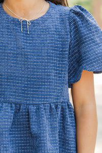 Girls: Time Goes By Navy Tweed Scalloped Dress