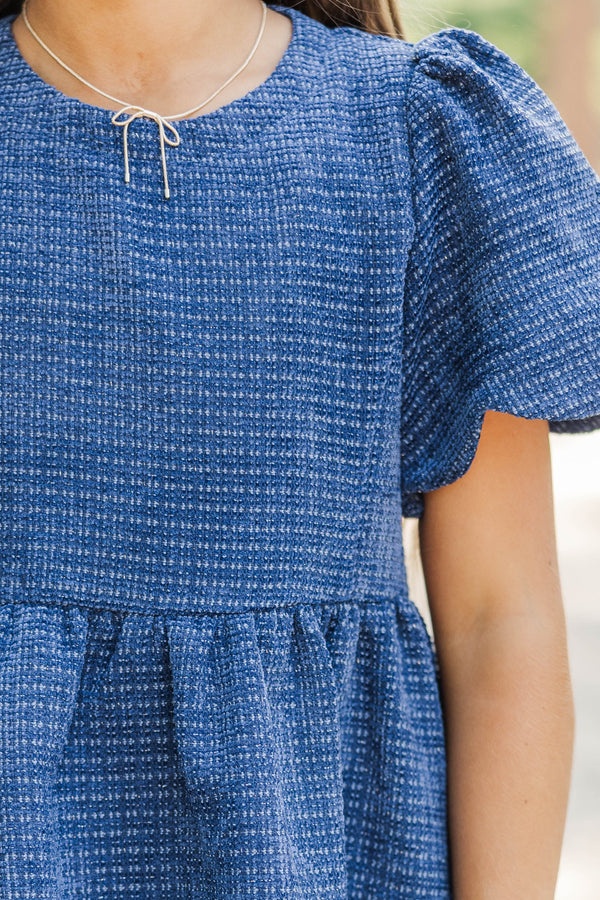 Girls: Time Goes By Navy Tweed Scalloped Dress