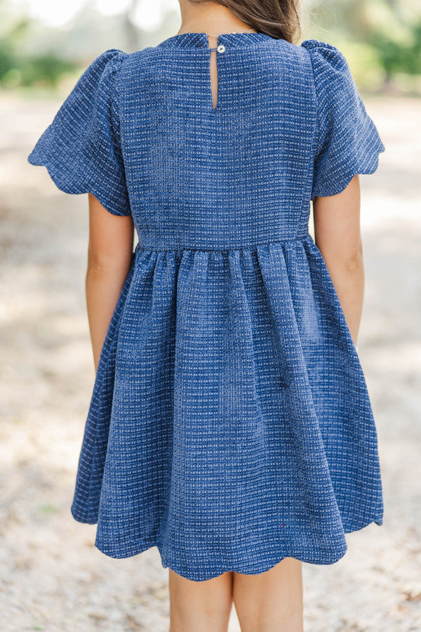Girls: Time Goes By Navy Tweed Scalloped Dress