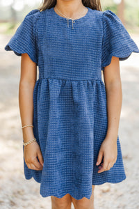 Girls: Time Goes By Navy Tweed Scalloped Dress