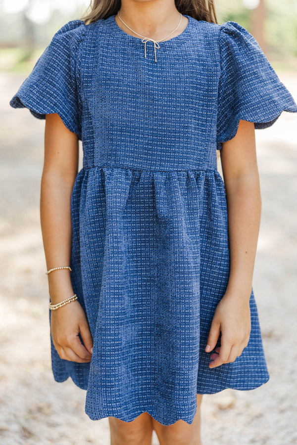 Girls: Time Goes By Navy Tweed Scalloped Dress